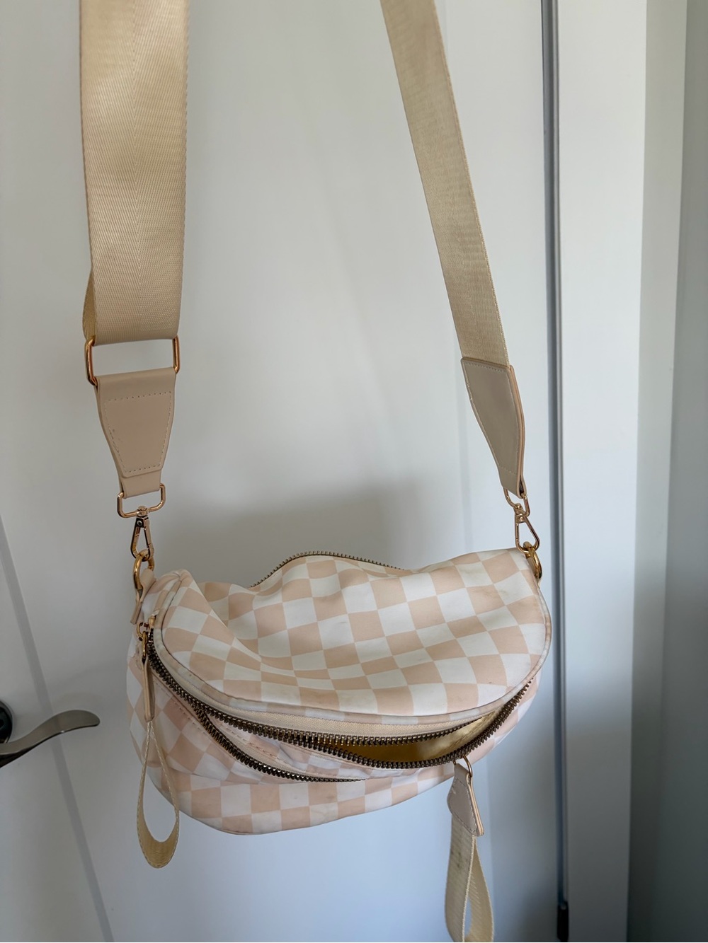 Beige Checkered Crossbody Bag with Wide Adjustable Strap
